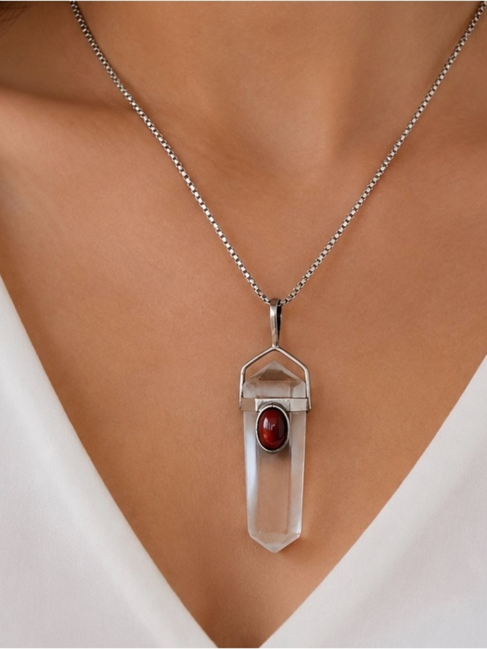 Estate Sterling Silver Quartz Garnet Pendant Necklace Vintage Stunning 926 - Picture 2 of 5